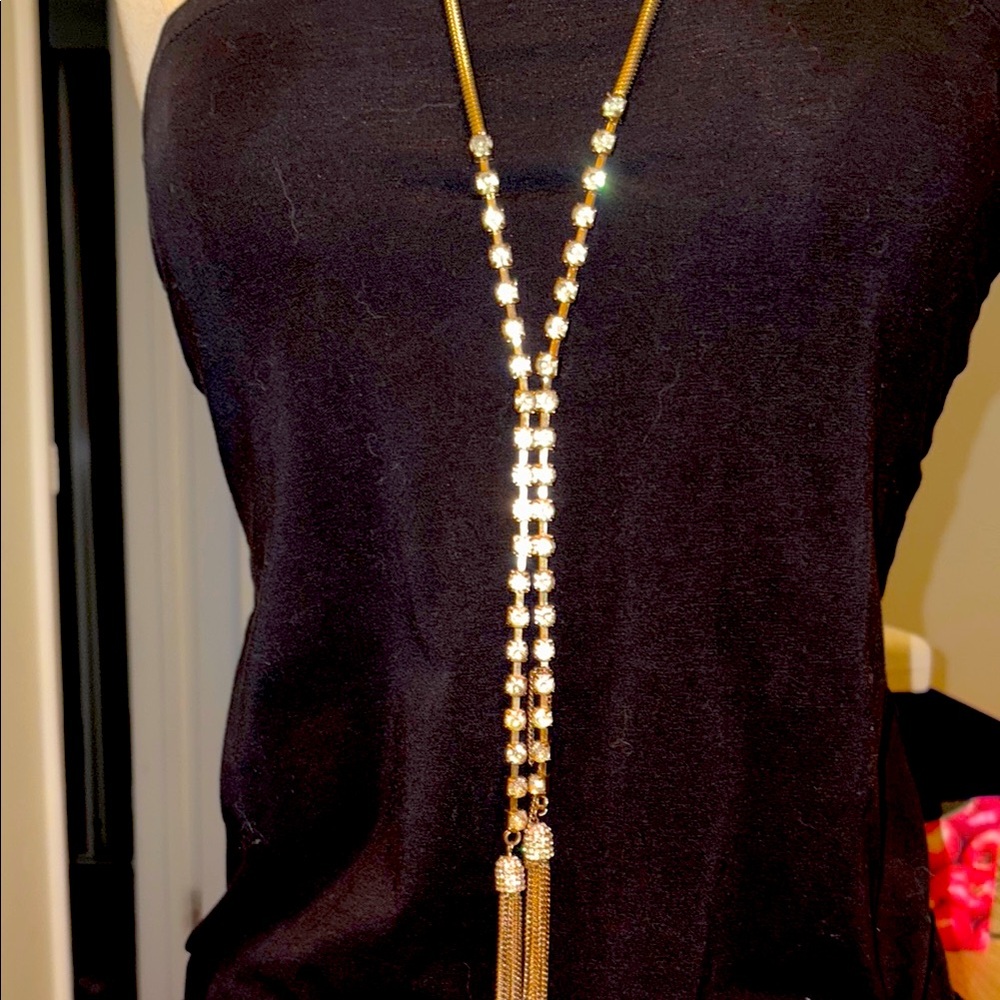 Vintage rhinestone, tassel necklace, snake chain, gold tone